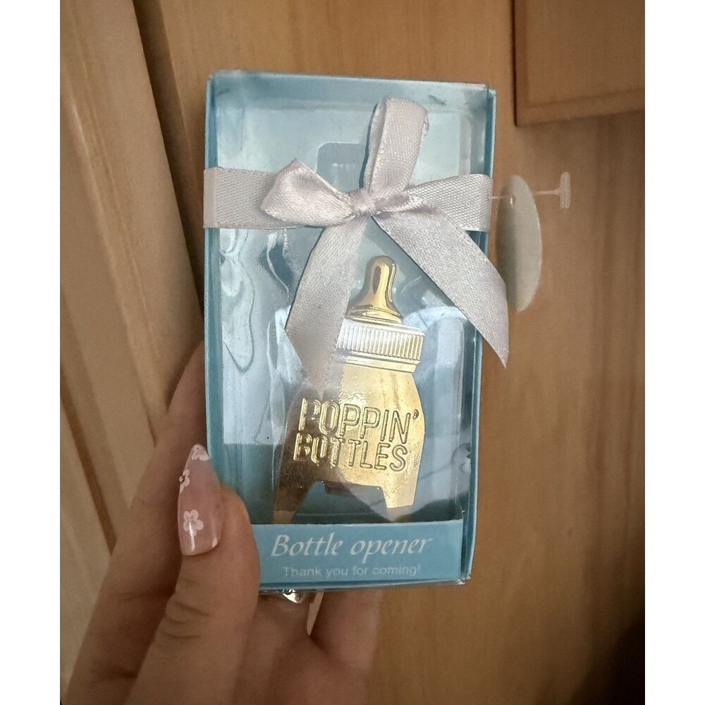 Poppin’ Bottles Gold Metal Bottle Opener Baby Shower Favor Gift Box Tag